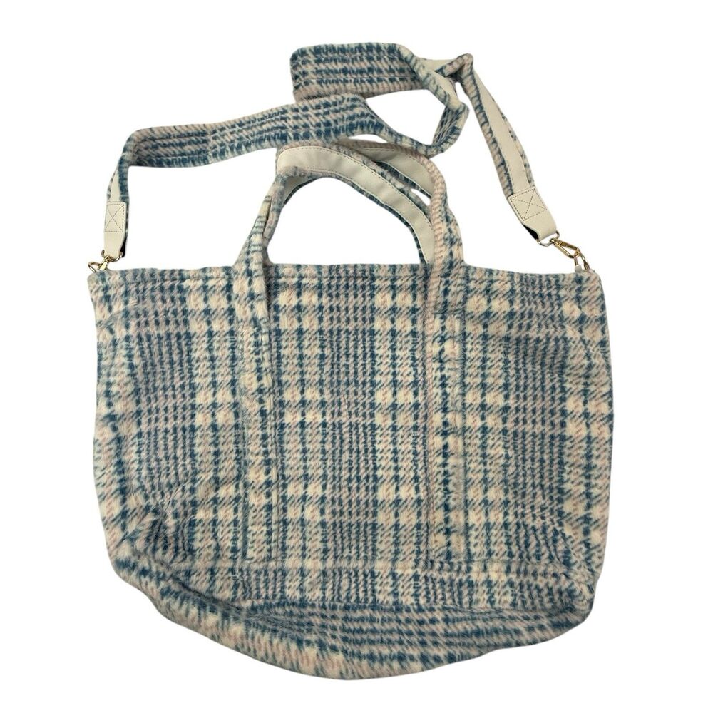 NEW Katydid Houndstooth Faux Fur Plush Weekender Tote Bag Travel Blue Pink Plaid